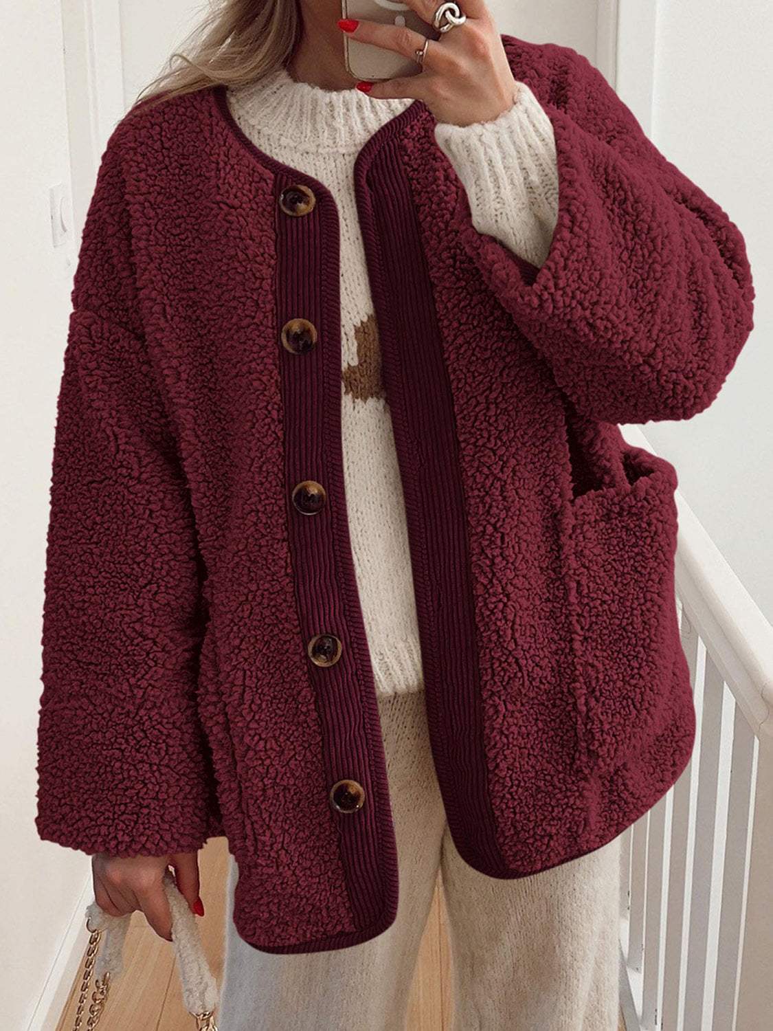 Contrast Button Up Sherpa Jacket with Pockets - Trendsi - Flyclothing LLC