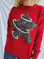 Contrast Star Round Neck Long Sleeve Sweater - Trendsi