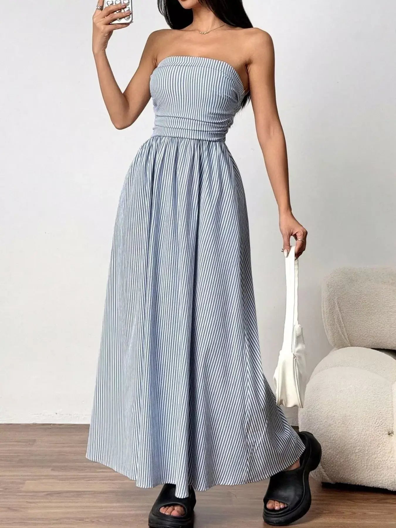 Striped Strapless Casual Maxi Dress - Trendsi - Flyclothing LLC