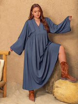 Plus Size Lace Detail Notched Long Sleeve Midi Dress - Trendsi - Flyclothing LLC