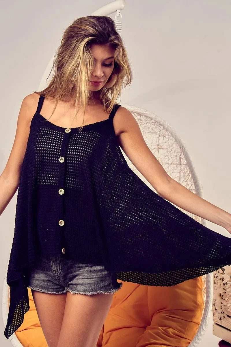 BiBi Popcorn Waffle Knit with Buttoned Front Cami Top - Trendsi - Flyclothing LLC
