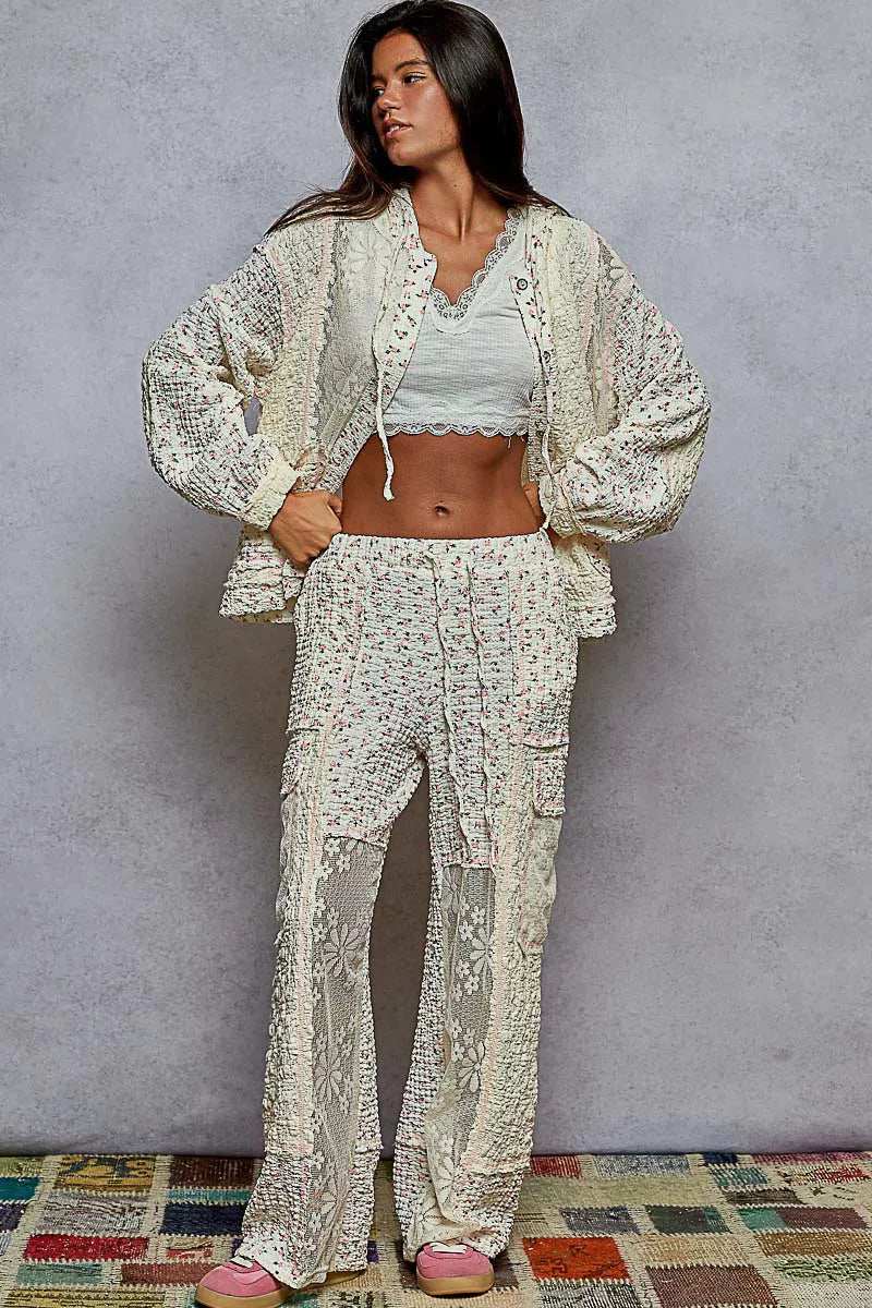 POL Floral Balloon Sleeve Hooded Lace Jacket with Stitch Detail - Trendsi - Flyclothing LLC