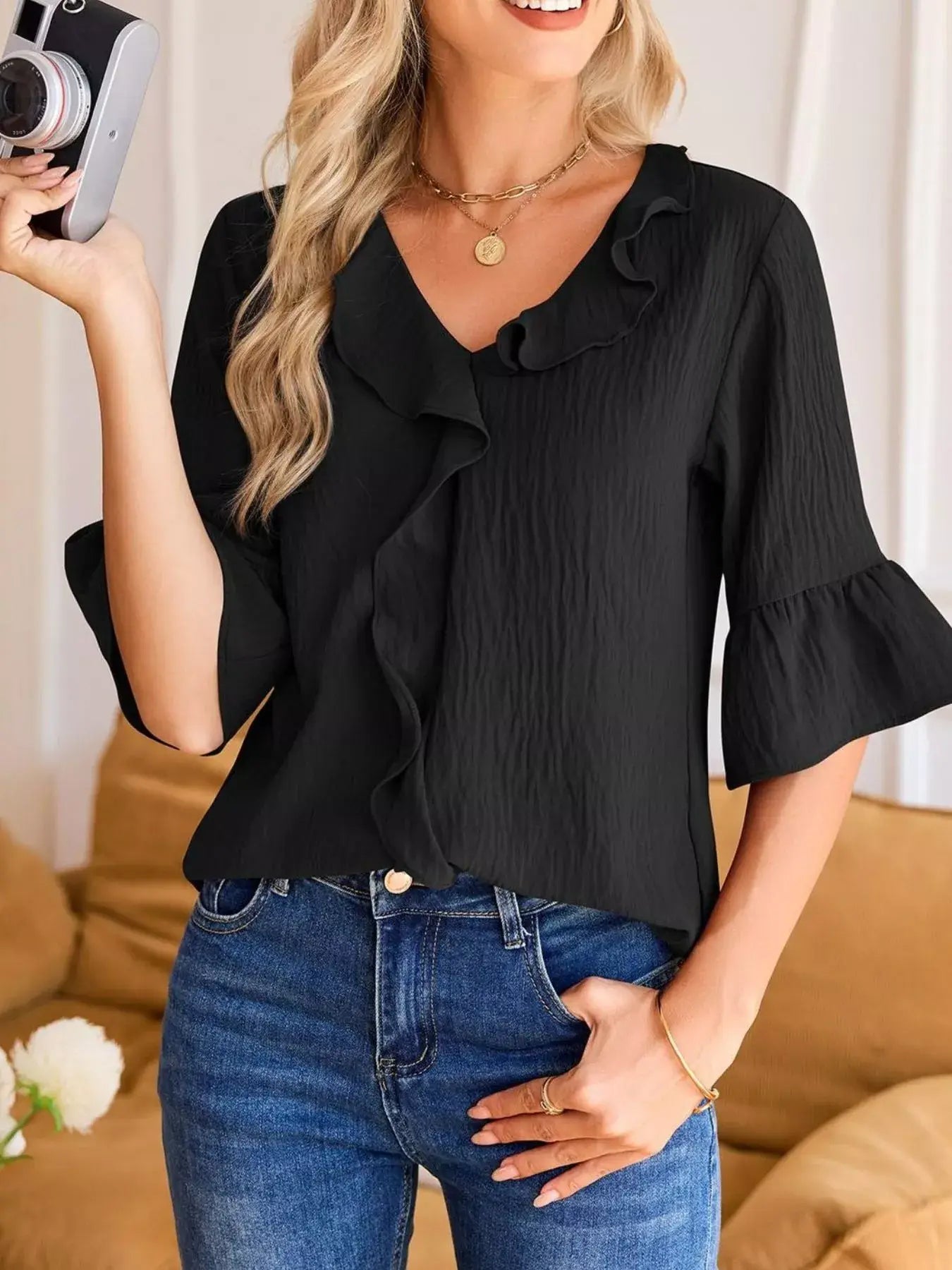 Ruffled Flounce Sleeve Blouse - Trendsi - Flyclothing LLC