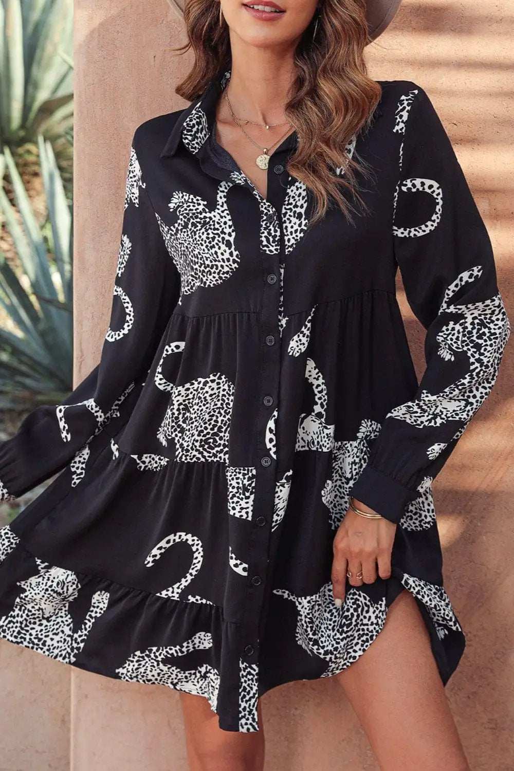 Leopard Collared Neck Long Sleeve Mini Dress - Trendsi - Flyclothing LLC