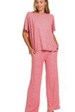 Zenana Soft Melange Short Sleeve Tee & Long Pants Set - Trendsi