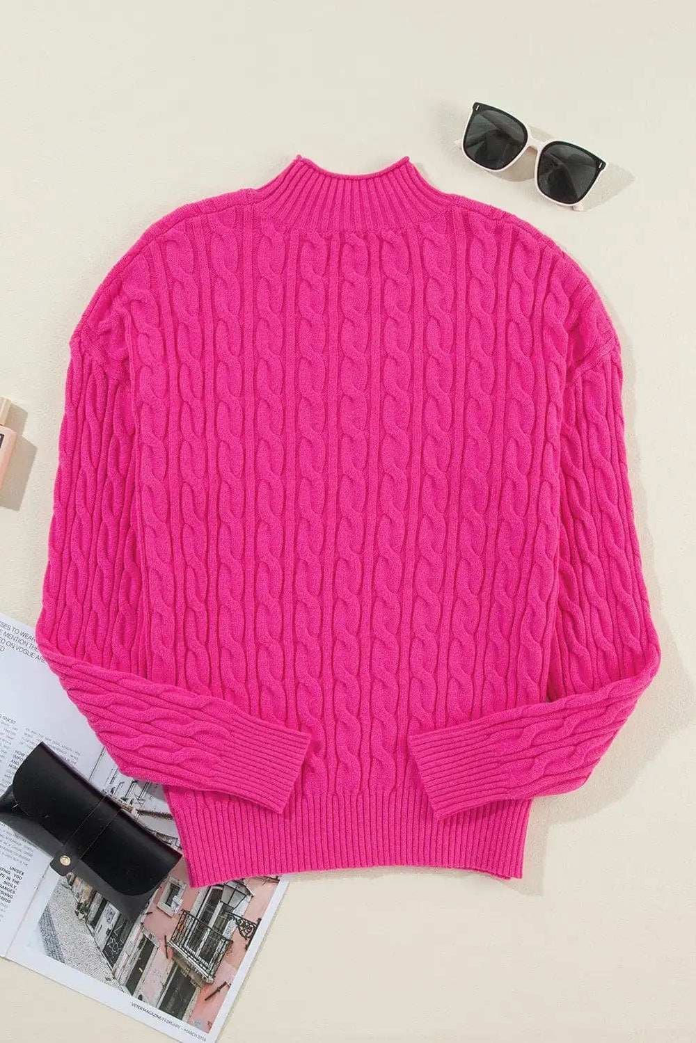 Cable-Knit Mock Neck Long Sleeve Sweater - Trendsi - Flyclothing LLC