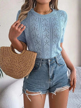 Openwork Round Neck Short Sleeve Knit Top - Trendsi - Flyclothing LLC