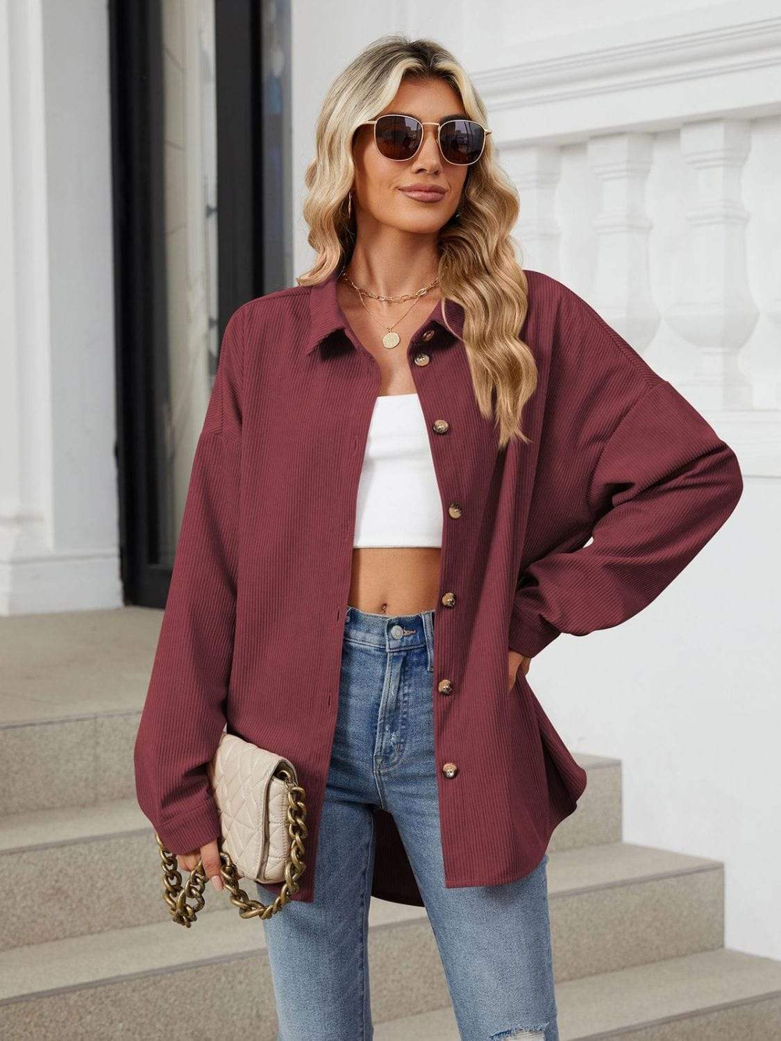 Collared Neck Long Sleeve Dropped Shoulder Shirt - Trendsi - Flyclothing LLC