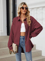 Collared Neck Long Sleeve Dropped Shoulder Shirt - Trendsi - Flyclothing LLC