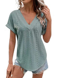 Eyelet V-Neck Short Sleeve Blouse - Trendsi - Flyclothing LLC