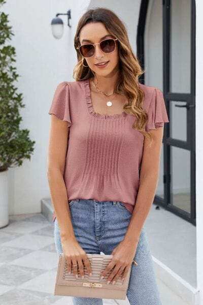 Frill Square Neck Flutter Sleeve Blouse - Trendsi - Flyclothing LLC