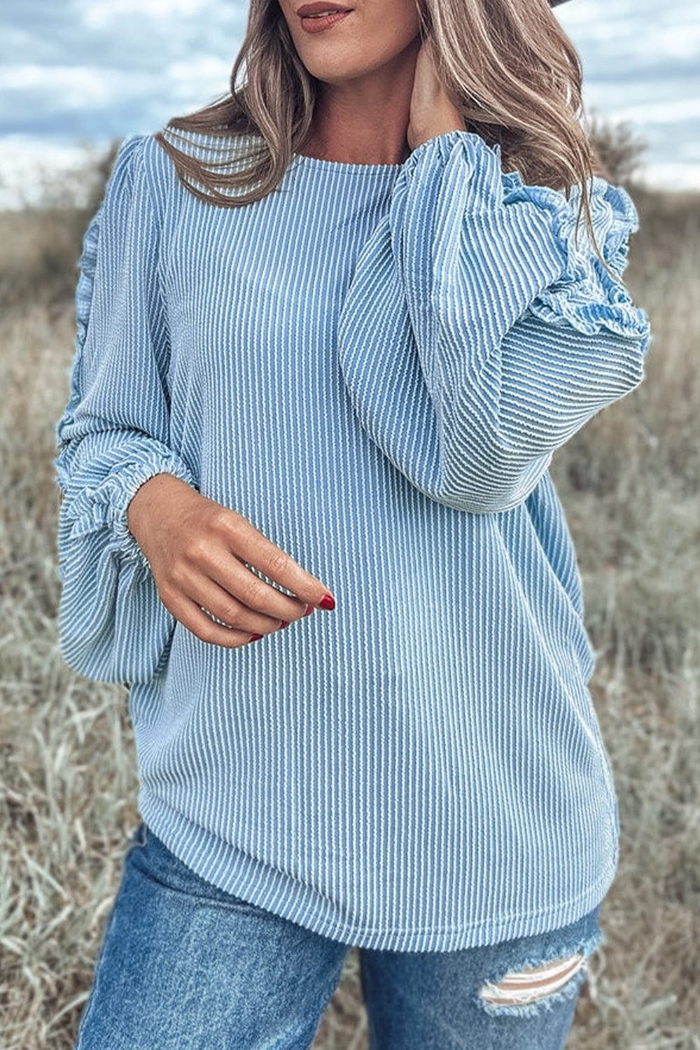 Frill Texture Round Neck Long Sleeve Sweatshirt - Trendsi