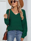 Eyelet V-Neck Long Sleeve Sweater - Trendsi - Flyclothing LLC