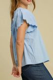 Solid Color Embroidered Scalloped Sleeves Crew Neck Blouse - Trendsi