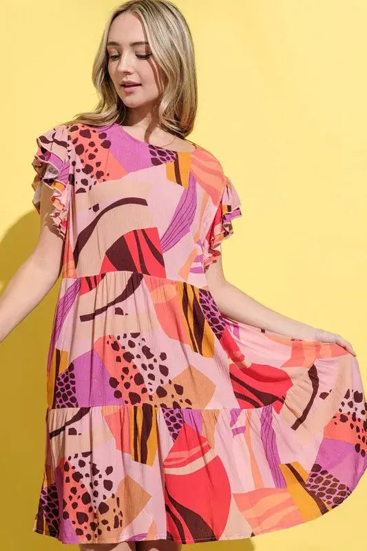 And The Why Printed Double Ruffles Sleeve Dress - Trendsi - Flyclothing LLC