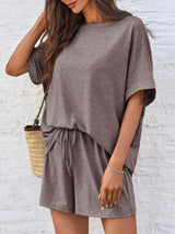 Round Neck T-Shirt and Drawstring Shorts Set - Trendsi - Flyclothing LLC