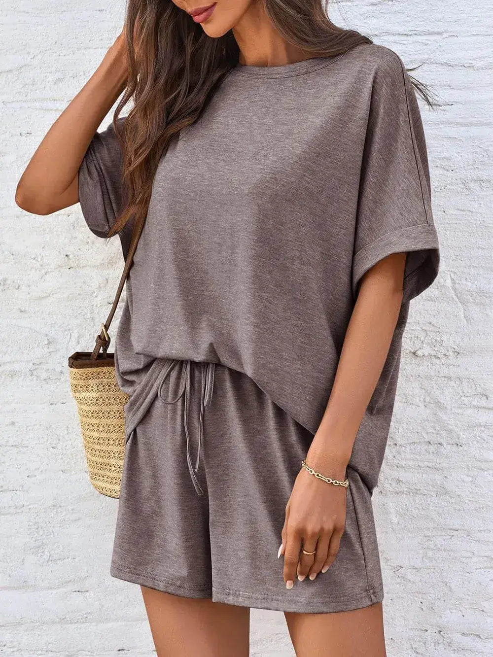 Round Neck T-Shirt and Drawstring Shorts Set - Trendsi - Flyclothing LLC