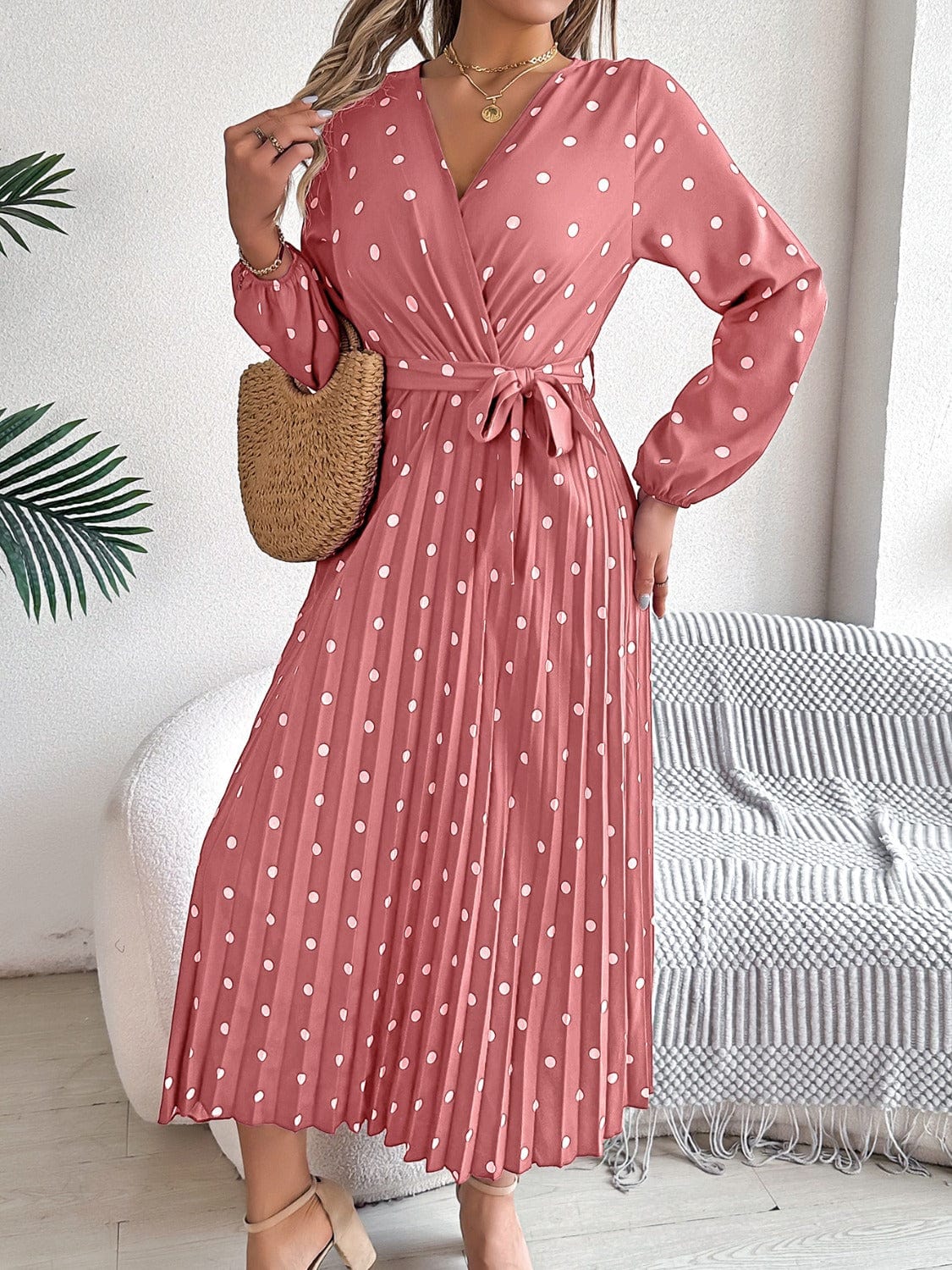 Tied Polka Dot Long Sleeve Midi Dress - Trendsi