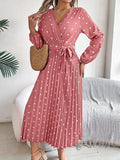 Tied Polka Dot Long Sleeve Midi Dress - Trendsi