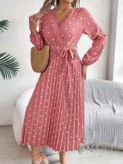 Tied Polka Dot Long Sleeve Midi Dress - Trendsi