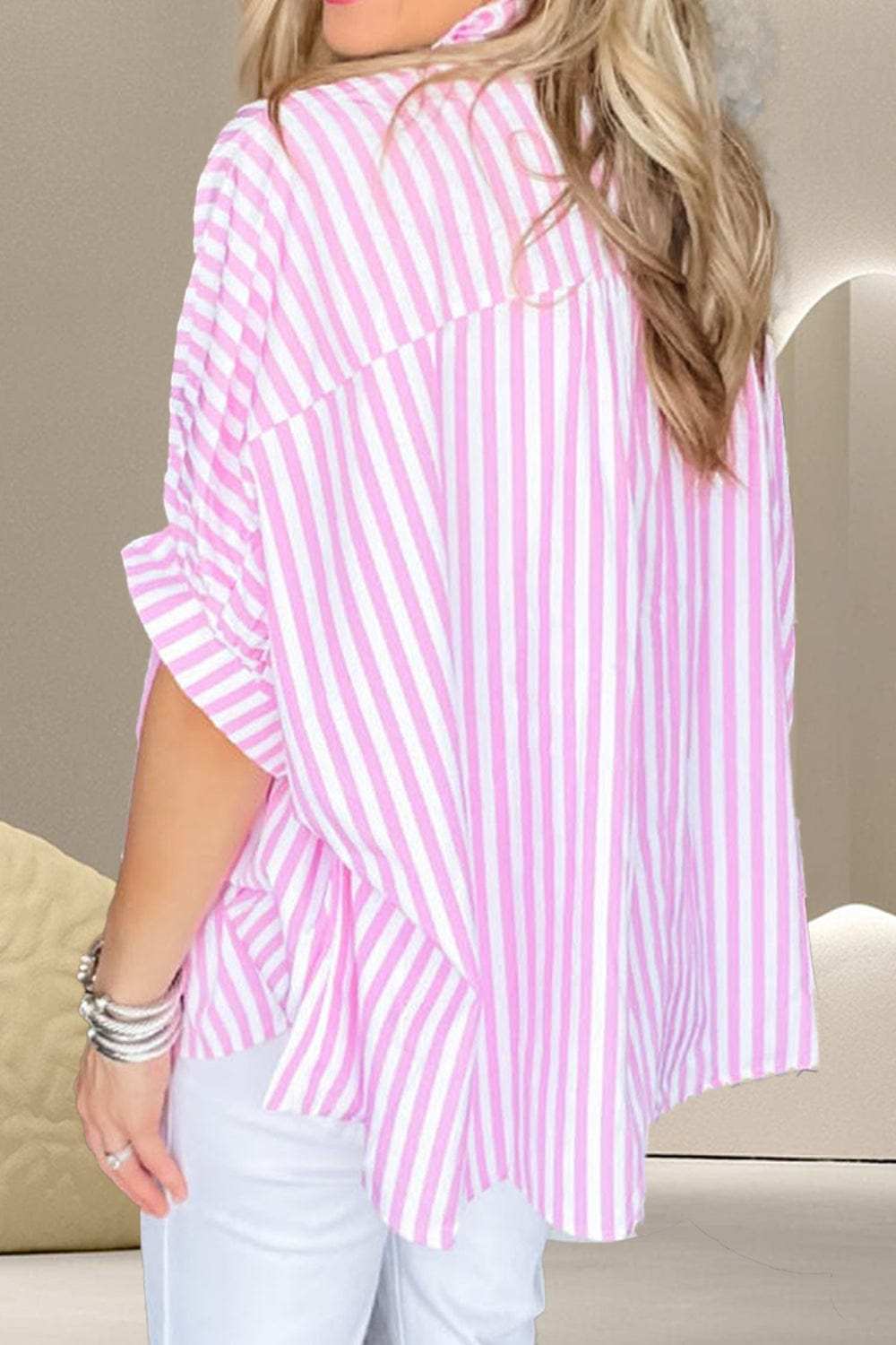Striped Collared Neck Half Sleeve Shirt - Trendsi - Flyclothing LLC