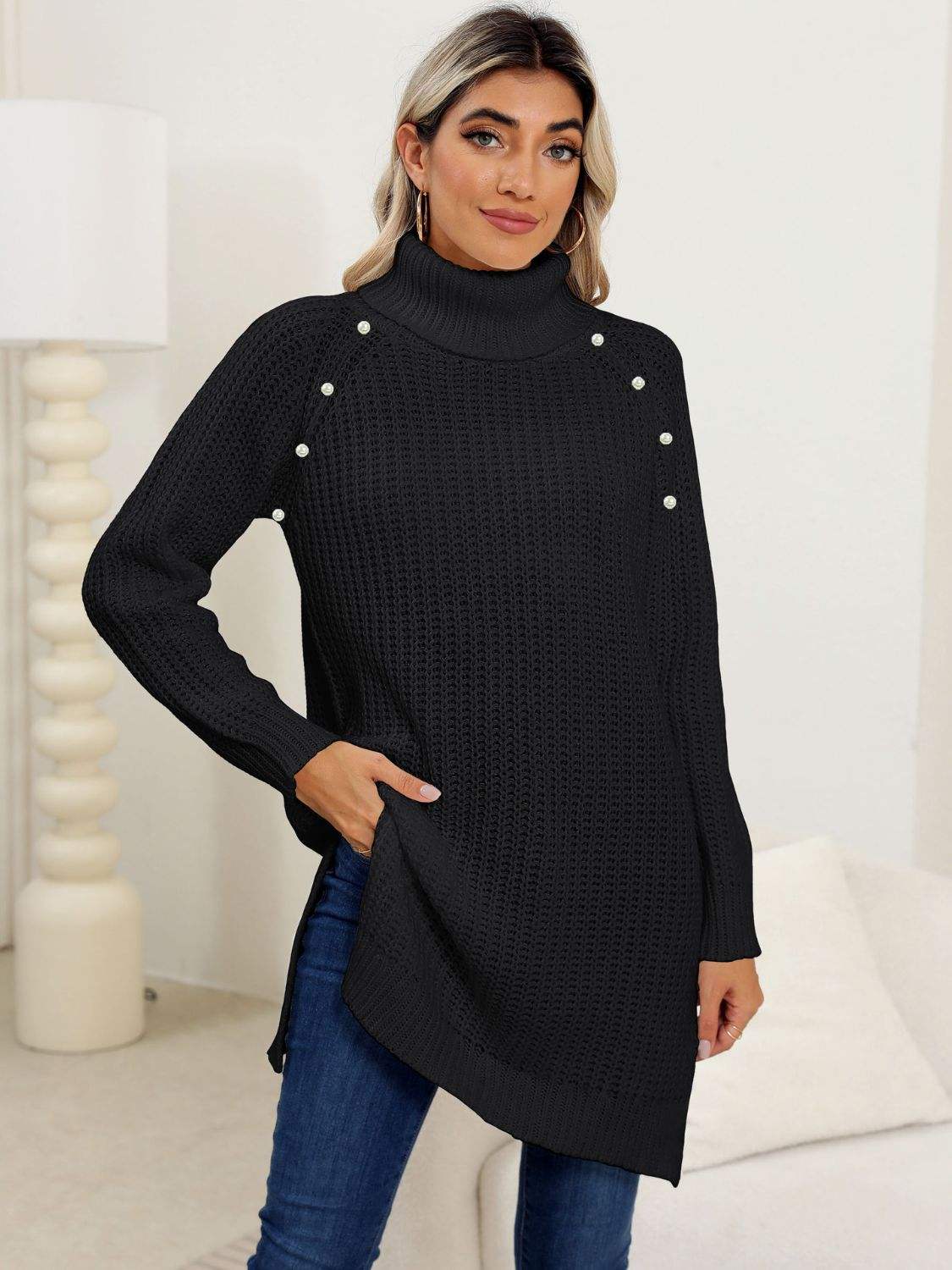 Slit Turtleneck Long Sleeve Sweater - Trendsi - Flyclothing LLC