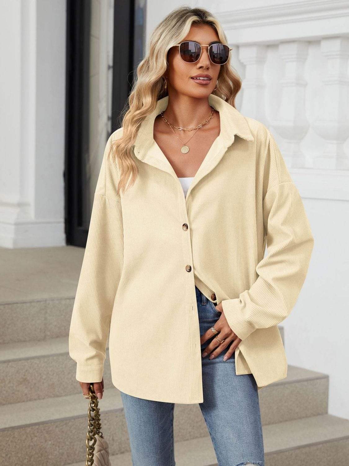 Collared Neck Long Sleeve Dropped Shoulder Shirt - Trendsi - Flyclothing LLC