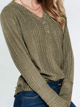 Textured V-Neck Long Sleeve T-Shirt - Trendsi - Flyclothing LLC