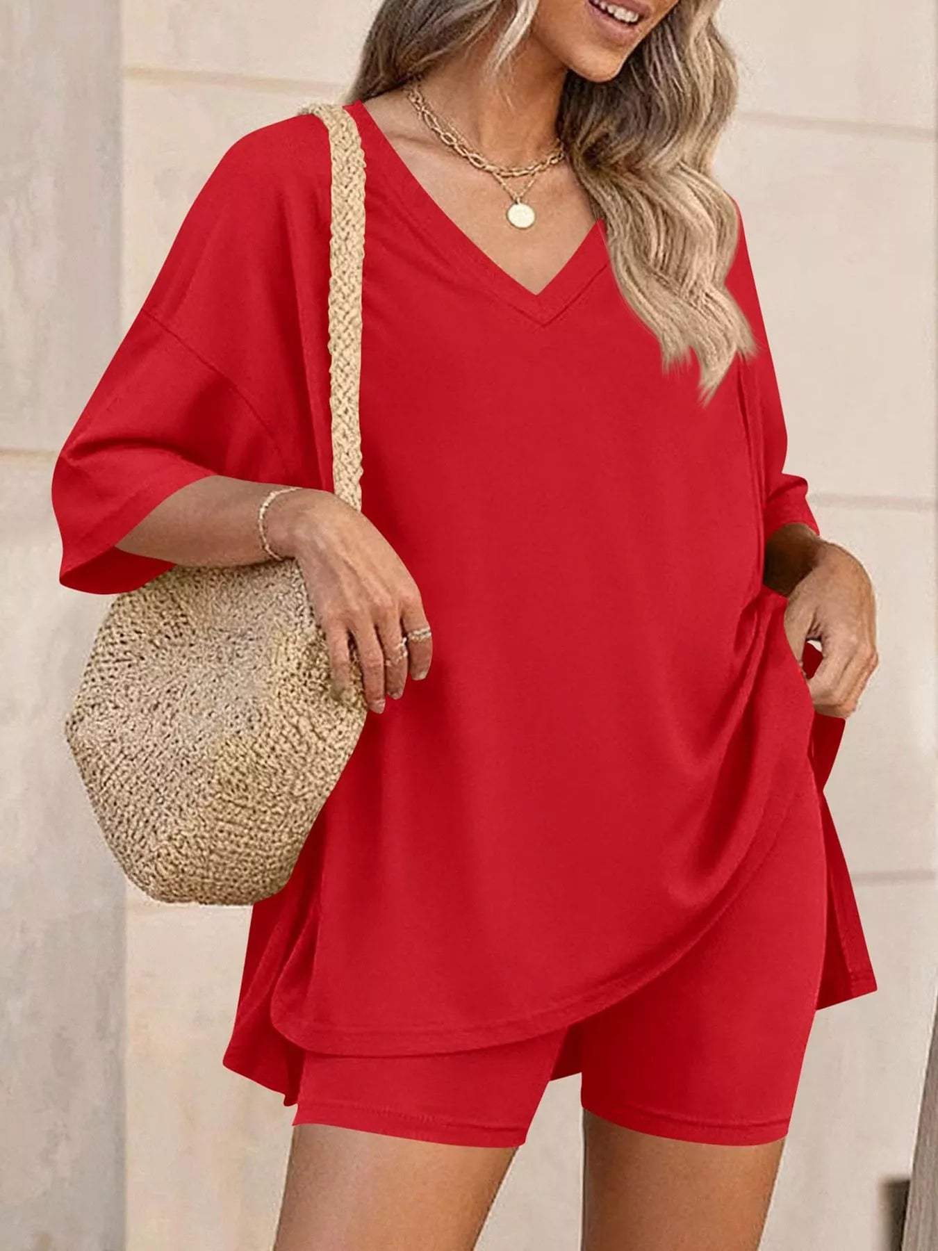 Full Size Casual Loose V-Neck T-Shirt & Shorts Set Plus Size - Trendsi - Flyclothing LLC