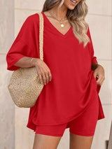 Full Size Casual Loose V-Neck T-Shirt & Shorts Set Plus Size - Trendsi - Flyclothing LLC