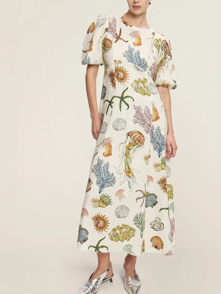 Printed Round Neck Puff Sleeve Dress - Trendsi