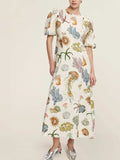 Printed Round Neck Puff Sleeve Dress - Trendsi