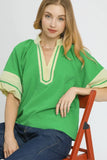 Umgee Contrast Trim Notched Puff Sleeve Blouse - Trendsi