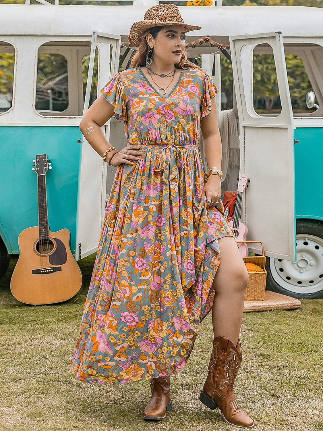 Plus Size Ruffled Printed Cap Sleeve Dress - Trendsi - Flyclothing LLC