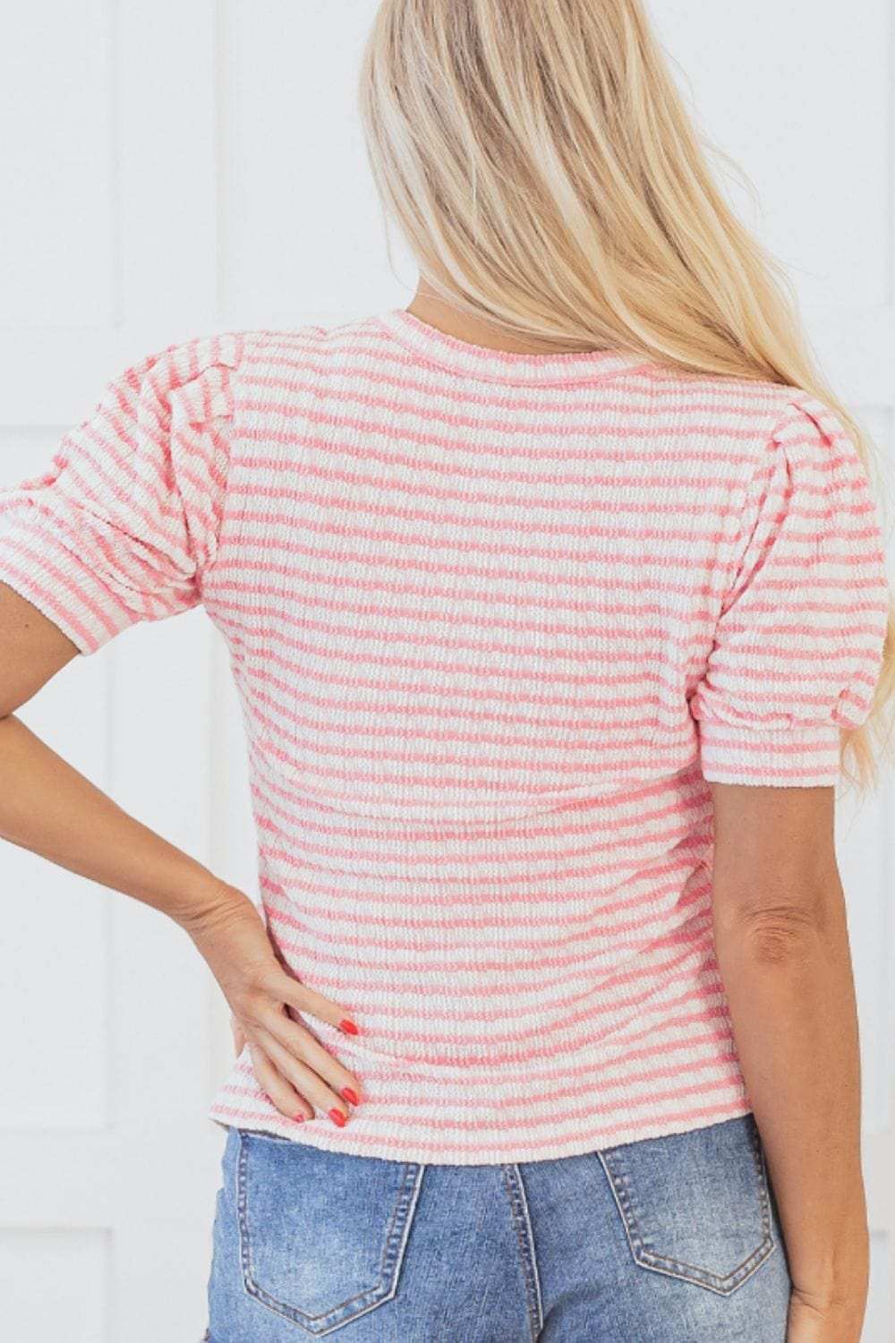 Stripe Textured Puff Sleeve Crewneck Top - Trendsi - Flyclothing LLC