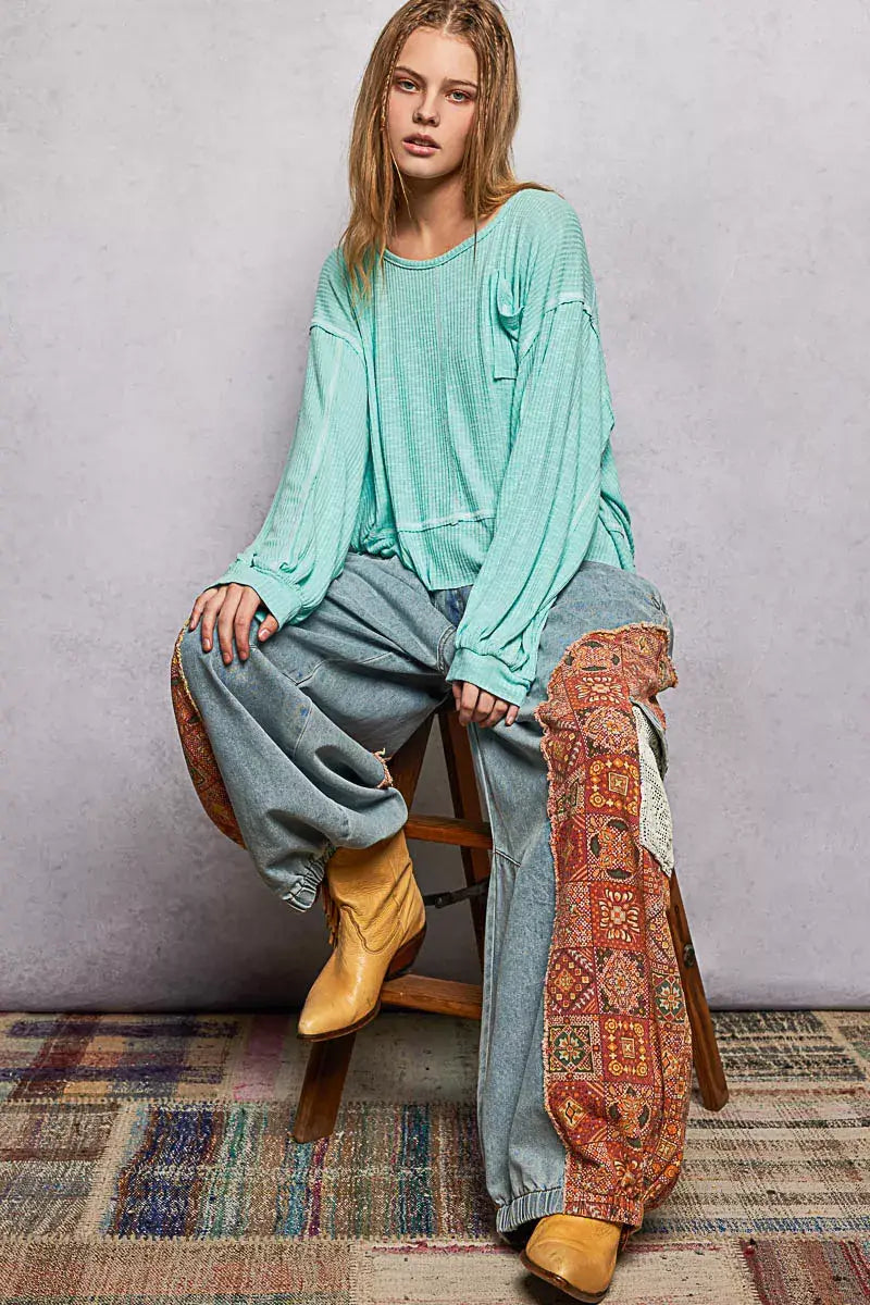 POL Round Neck Long Sleeve Exposed Seam Top with Chest Pocket - Trendsi - Flyclothing LLC