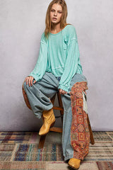 POL Round Neck Long Sleeve Exposed Seam Top with Chest Pocket - Trendsi - Flyclothing LLC