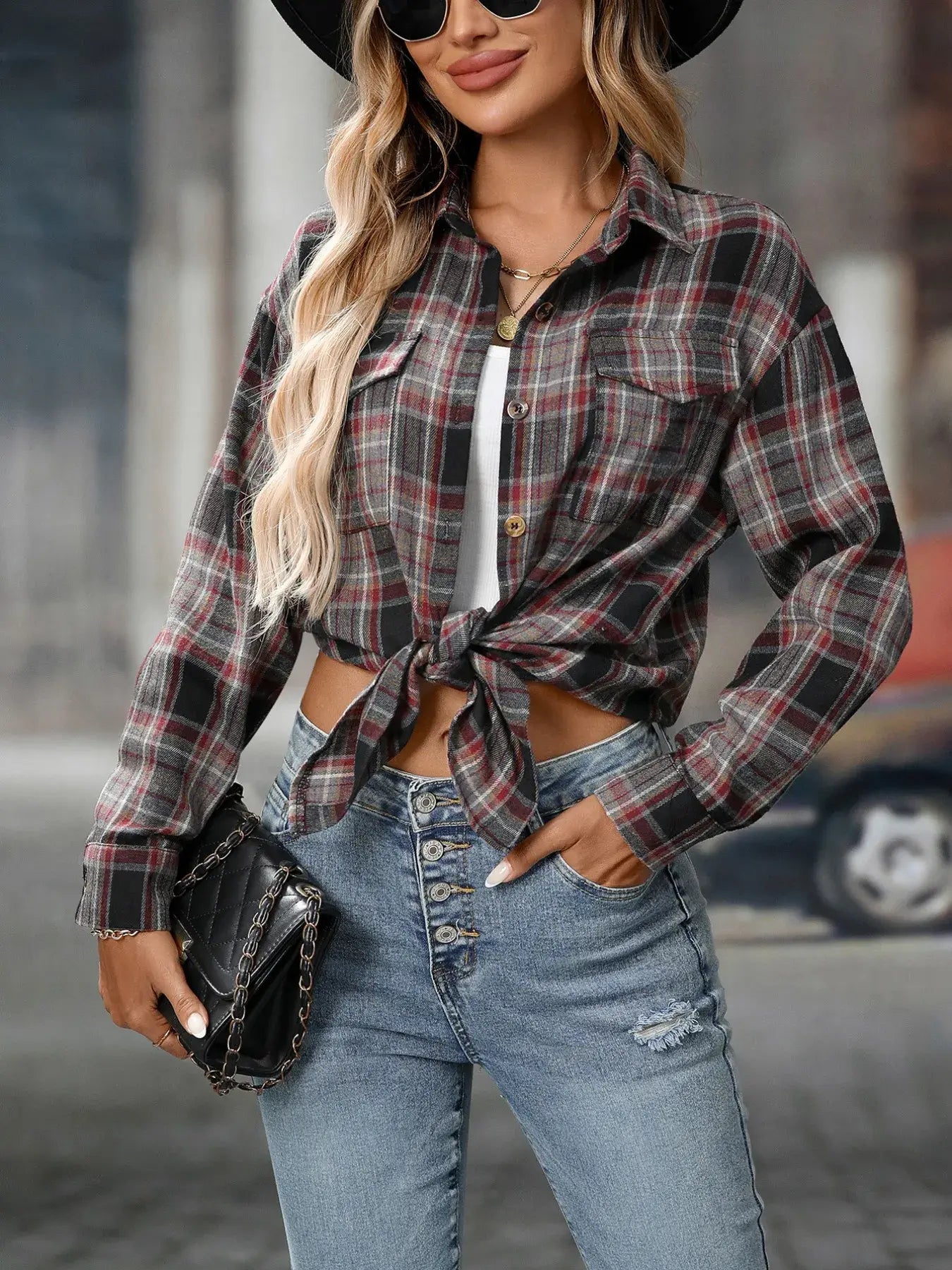 Oversized Plaid Button-Up Shirt - Trendsi - Flyclothing LLC