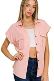 Zenana Tencel V-neck Collared Top W Front Flap Pockets - Trendsi