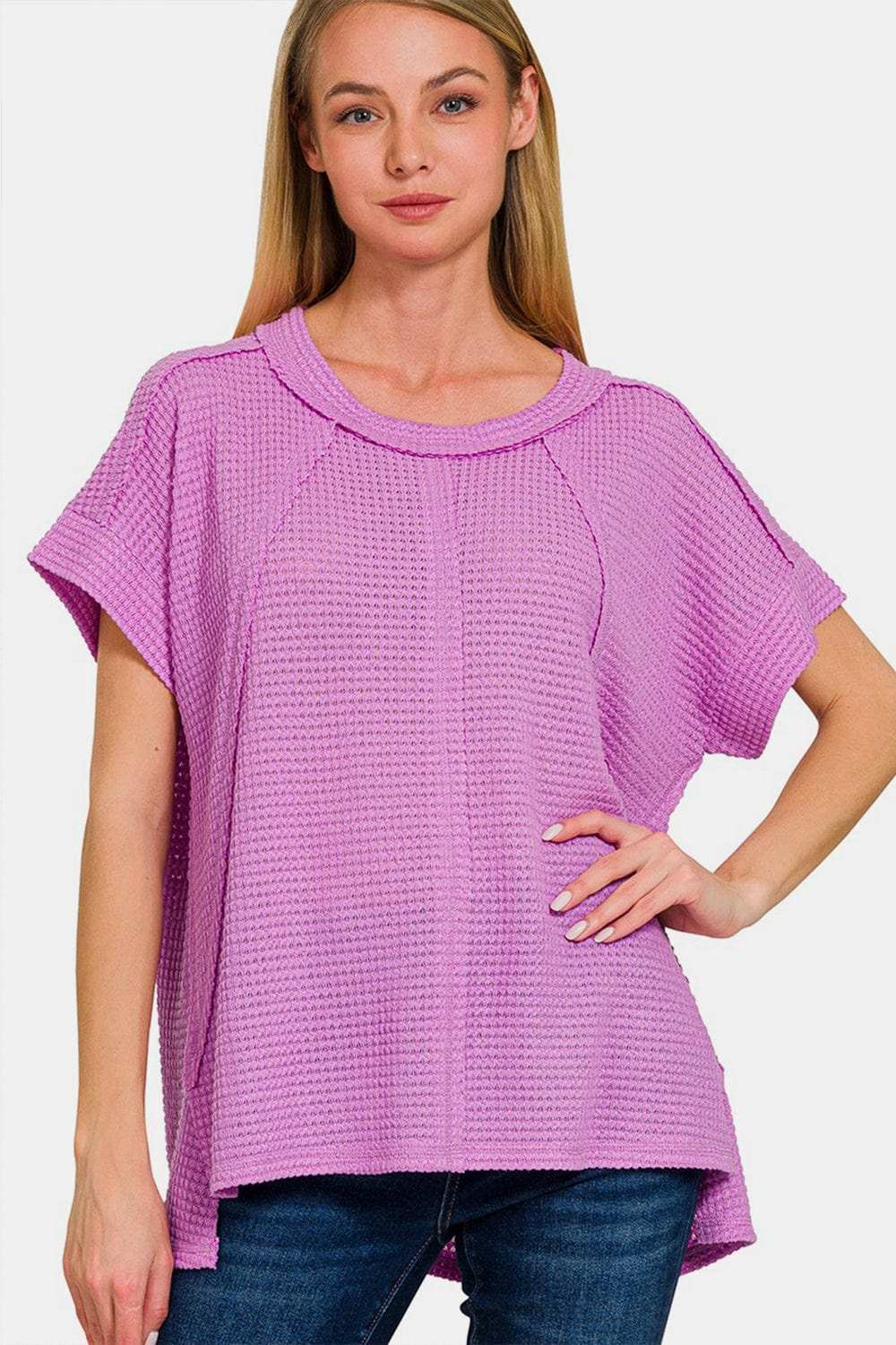 Zenana Waffle Exposed-Seam Short Sleeve T-Shirt - Trendsi - Flyclothing LLC
