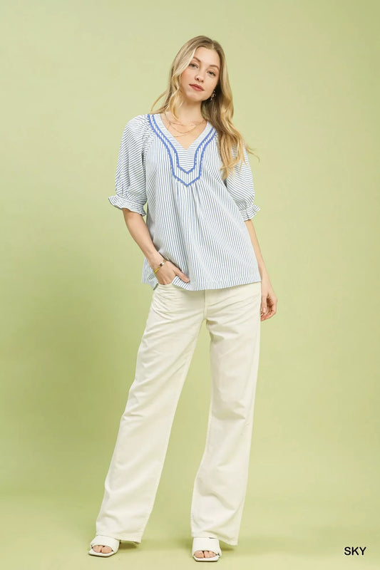 Umgee Stripe V-Neck Blouse - Trendsi - Flyclothing LLC