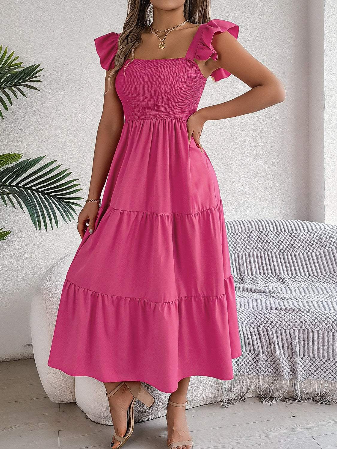 Smocked Square Neck Cap Sleeve Midi Dress - Trendsi - Flyclothing LLC