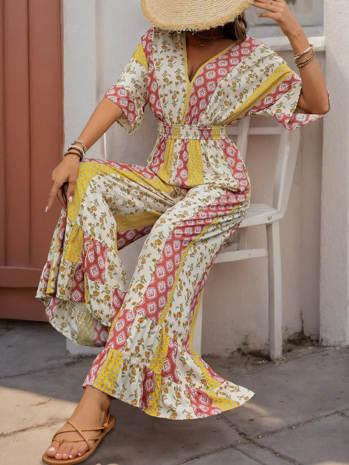 Perfee Ruffled Hem Printed V-Neck Jumpsuit - Trendsi - Flyclothing LLC