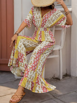 Perfee Ruffled Hem Printed V-Neck Jumpsuit - Trendsi - Flyclothing LLC