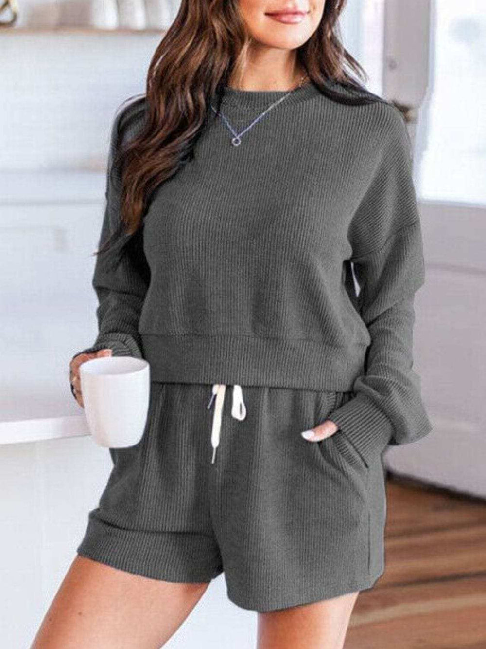 Ribbed Round Neck Long Sleeve Top and Shorts Set - Trendsi - Flyclothing LLC