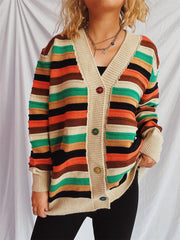 Contrast Stripes Button Up Long Sleeve Cardigan - Trendsi