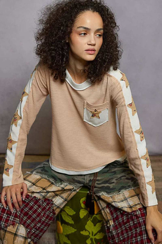 POL Round Neck Long Sleever T-Shirt with Star Patch - Trendsi - Flyclothing LLC