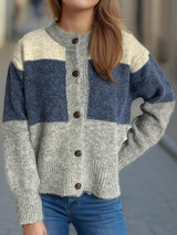 Color Block Round Neck Button Up Cardigan - Trendsi - Flyclothing LLC