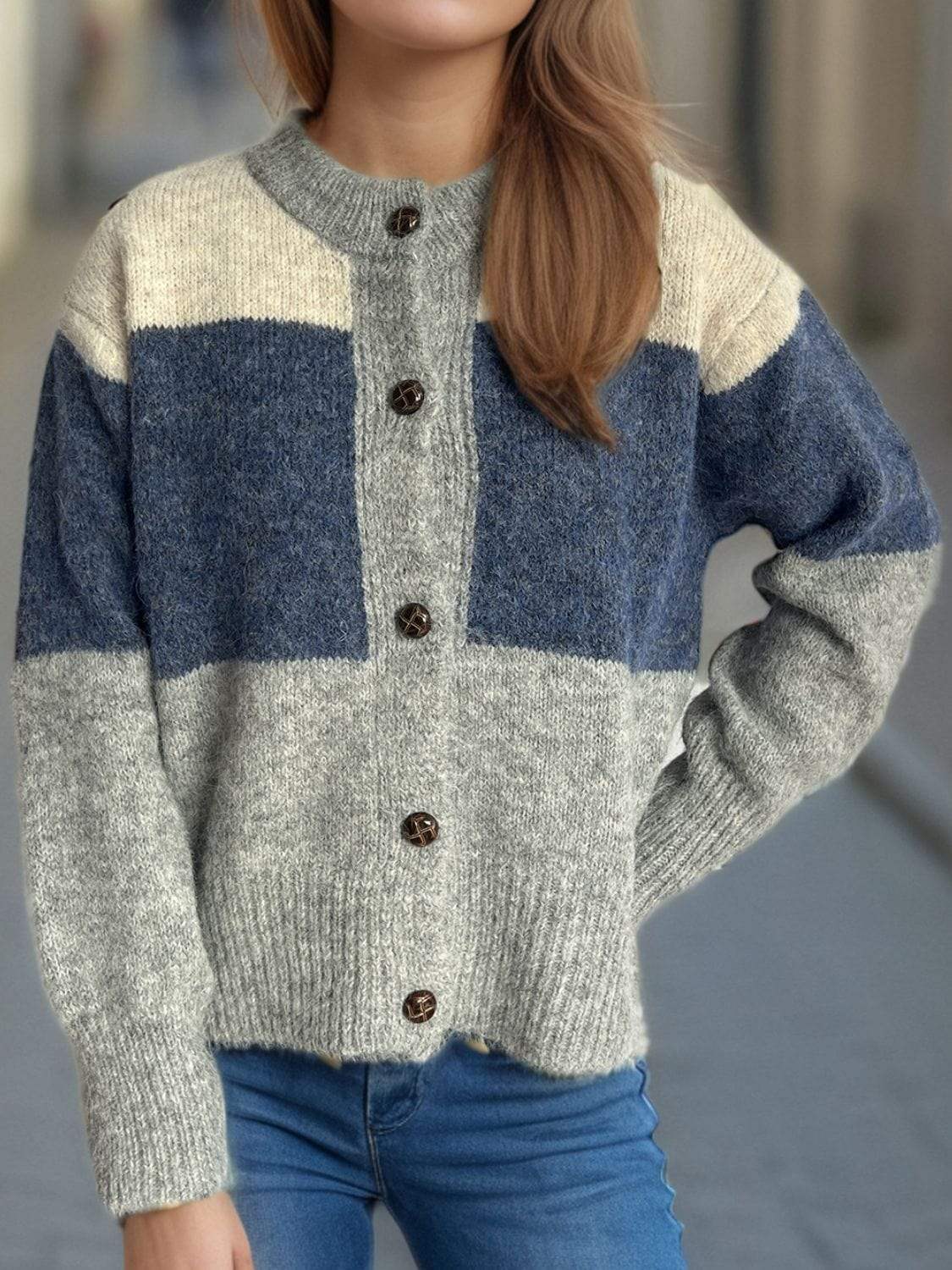 Color Block Round Neck Button Up Cardigan - Trendsi - Flyclothing LLC