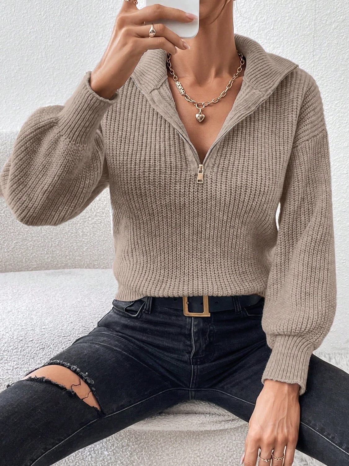 Honey Half Zip Dropped Shoulder Sweater - Trendsi